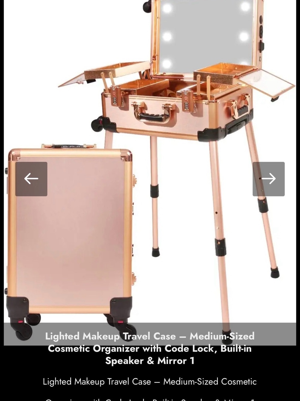 Portable Rose Gold Makeup Case with Built-In LED Mirror and Speaker